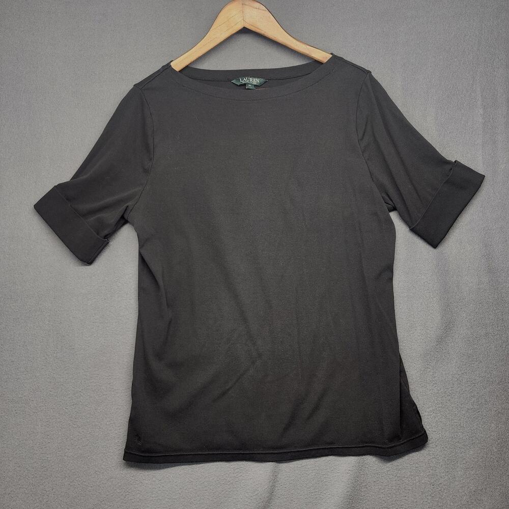 Ralph Lauren LRL Top Women 2X Black Short Sleeve Stretch Monogram Casual Preppy